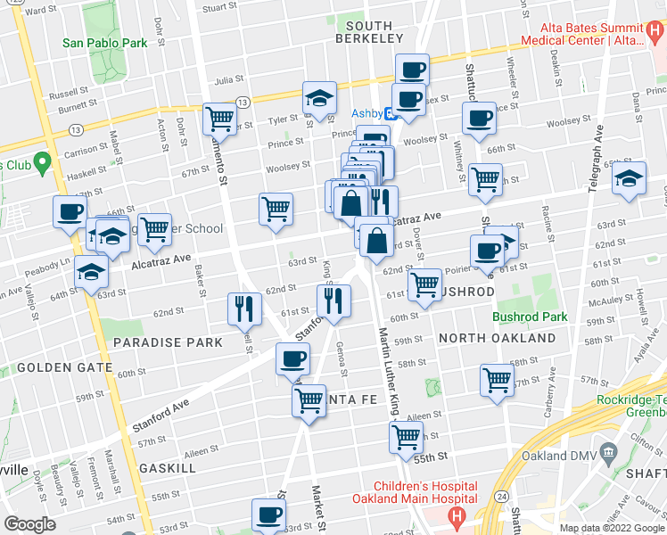 map of restaurants, bars, coffee shops, grocery stores, and more near 1764 62nd Street in Berkeley
