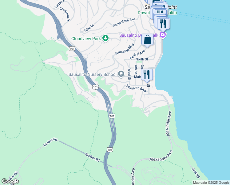 map of restaurants, bars, coffee shops, grocery stores, and more near 349 Sausalito Boulevard in Sausalito