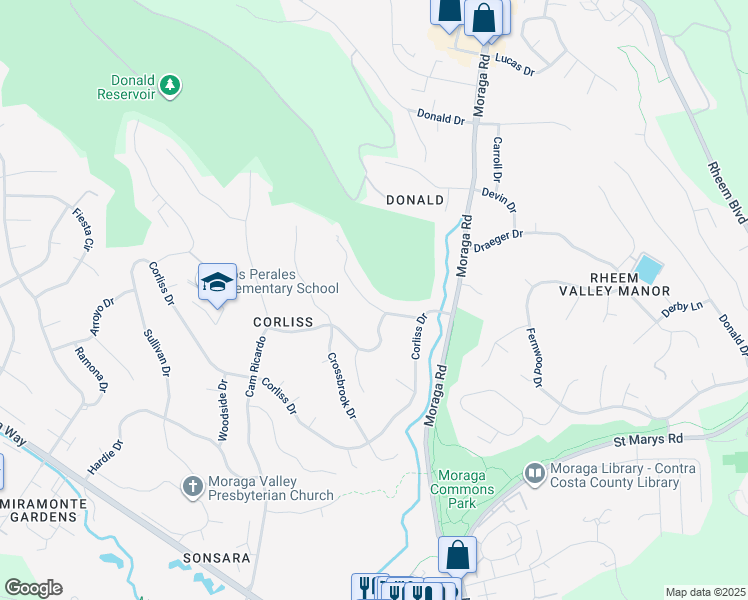 map of restaurants, bars, coffee shops, grocery stores, and more near 44 Lynwood Place in Moraga