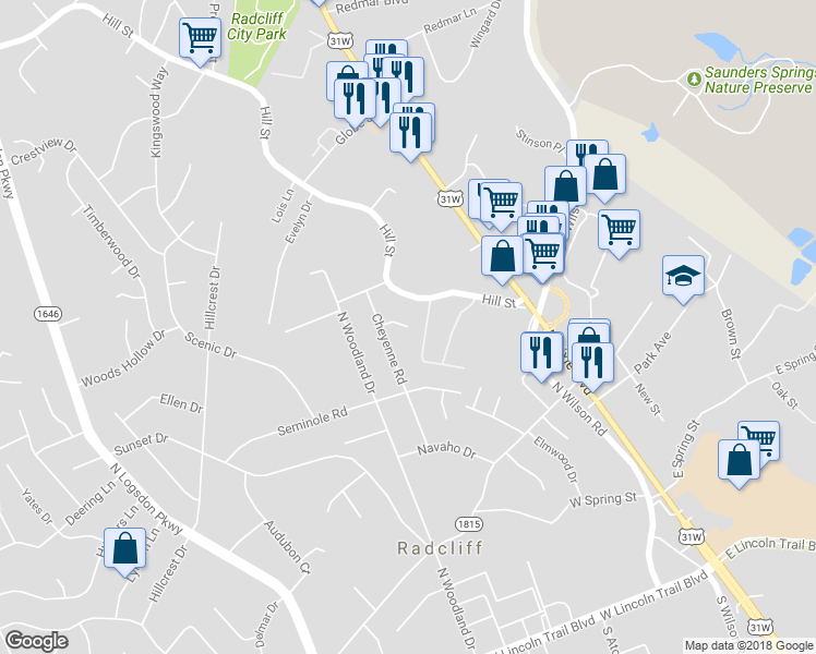map of restaurants, bars, coffee shops, grocery stores, and more near Commanche Lane in Radcliff
