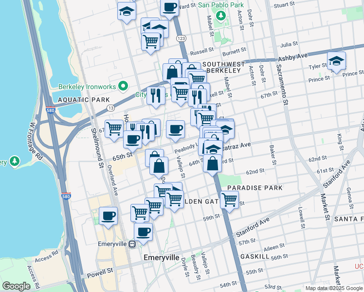 map of restaurants, bars, coffee shops, grocery stores, and more near 1148 65th Street in Oakland