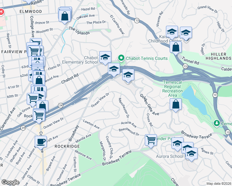 map of restaurants, bars, coffee shops, grocery stores, and more near 6201 Brookside Avenue in Oakland