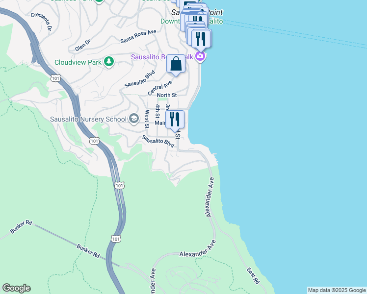 map of restaurants, bars, coffee shops, grocery stores, and more near 202 South Street in Sausalito