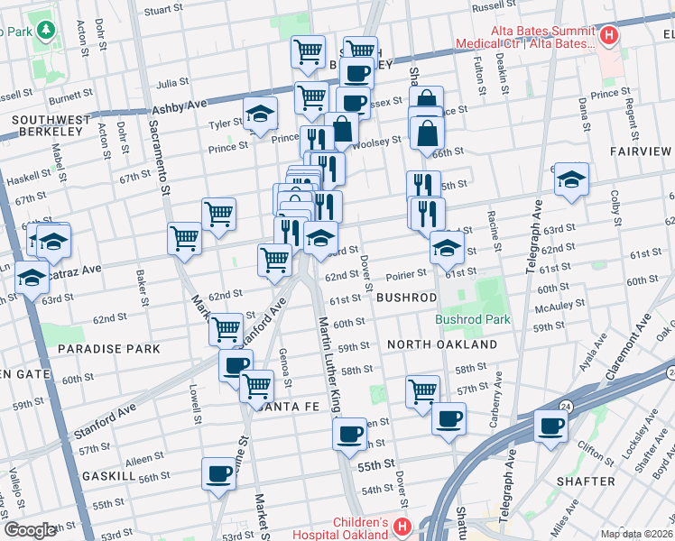map of restaurants, bars, coffee shops, grocery stores, and more near in Oakland