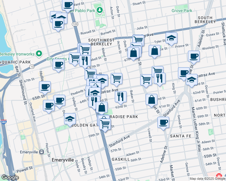 map of restaurants, bars, coffee shops, grocery stores, and more near 3244 Idaho Street in Berkeley