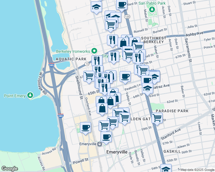 map of restaurants, bars, coffee shops, grocery stores, and more near 1287 66th Street in Emeryville
