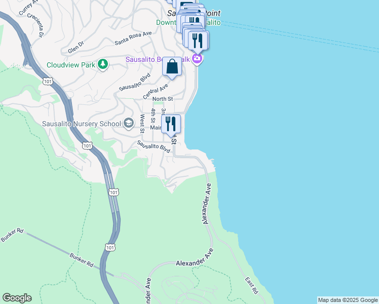 map of restaurants, bars, coffee shops, grocery stores, and more near 201 Valley Street in Sausalito