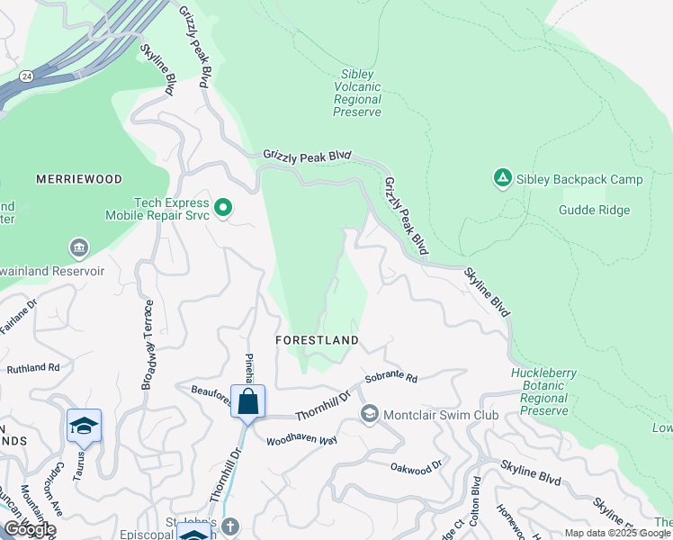 map of restaurants, bars, coffee shops, grocery stores, and more near 6595 Thorndale Drive in Oakland