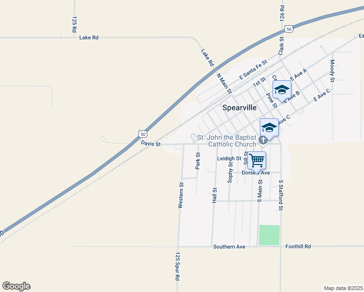 map of restaurants, bars, coffee shops, grocery stores, and more near 504 Davis Street in Spearville