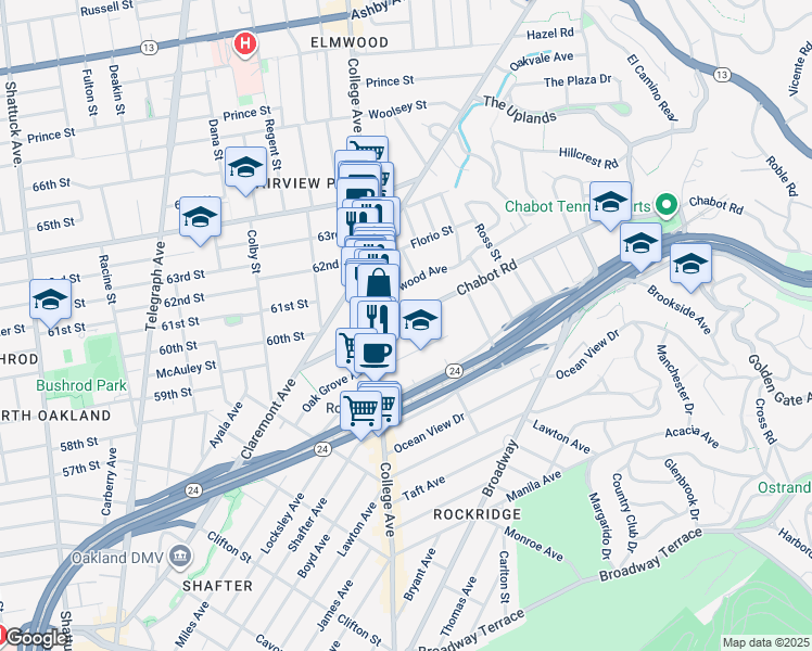 map of restaurants, bars, coffee shops, grocery stores, and more near 6052 Chabot Road in Oakland