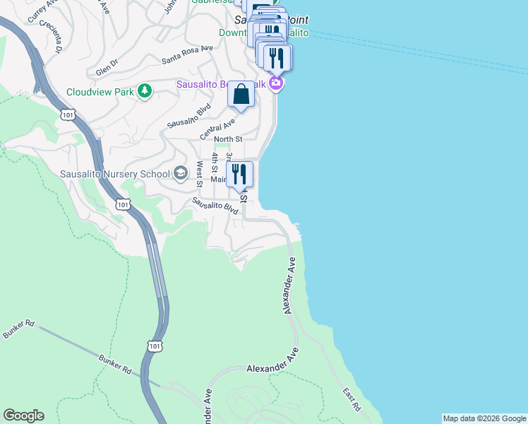 map of restaurants, bars, coffee shops, grocery stores, and more near 100 South Street in Sausalito