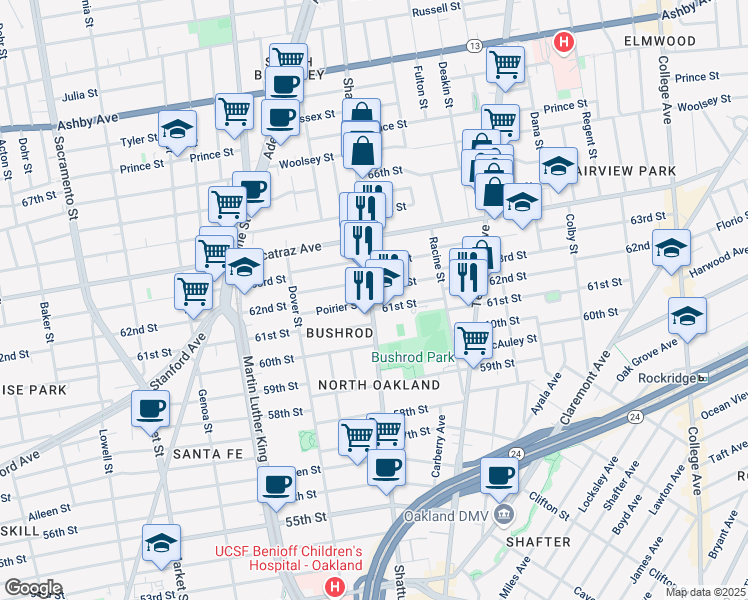 map of restaurants, bars, coffee shops, grocery stores, and more near 6114 Shattuck Avenue in Oakland
