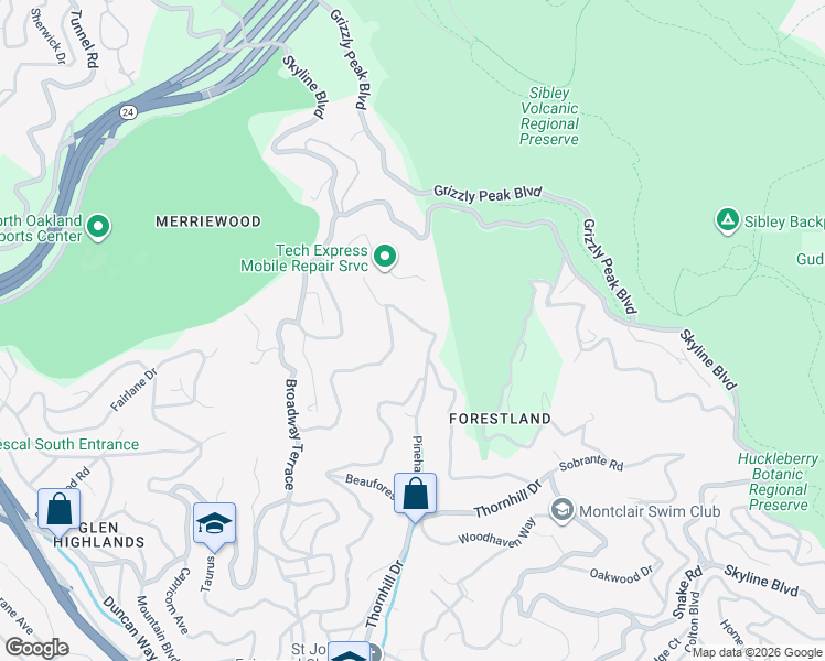 map of restaurants, bars, coffee shops, grocery stores, and more near 6790 Pinehaven Road in Oakland