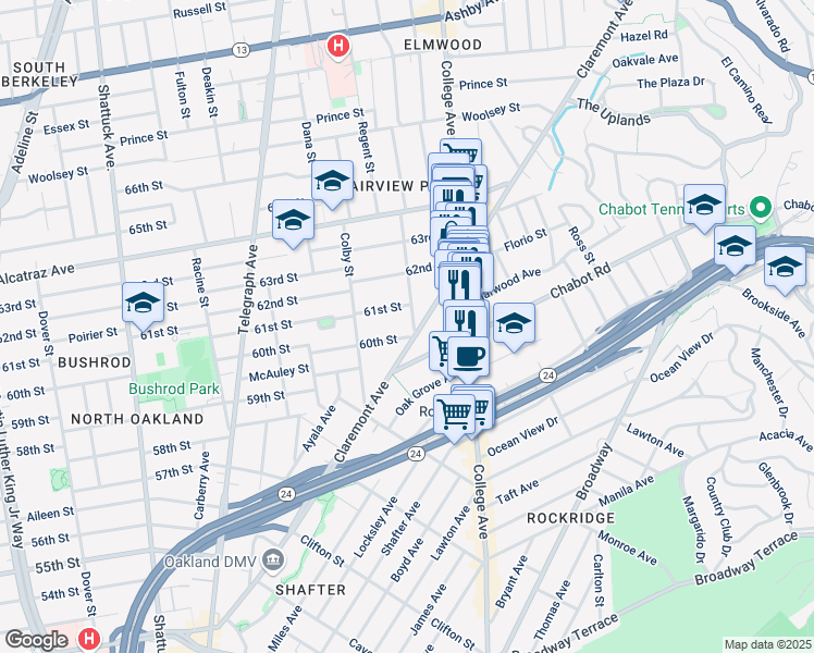 map of restaurants, bars, coffee shops, grocery stores, and more near 355 61st Street in Oakland