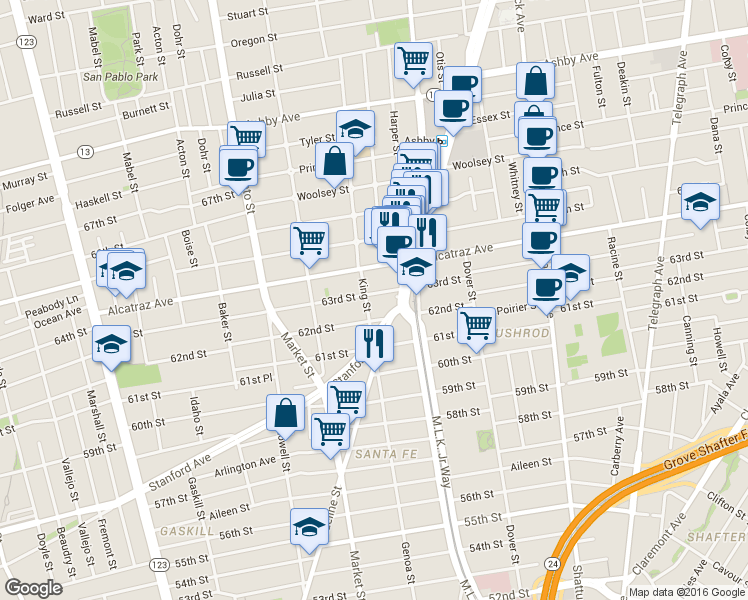 map of restaurants, bars, coffee shops, grocery stores, and more near 3334 Adeline Street in Berkeley