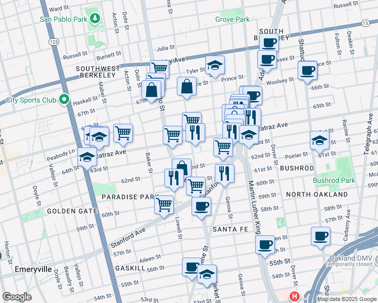 map of restaurants, bars, coffee shops, grocery stores, and more near 1600 Alcatraz Avenue in Berkeley