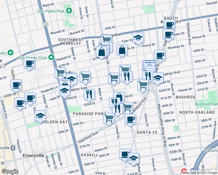 map of restaurants, bars, coffee shops, grocery stores, and more near 1421 Alcatraz Avenue in Berkeley