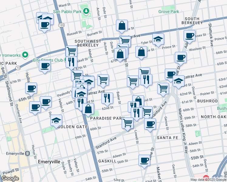 map of restaurants, bars, coffee shops, grocery stores, and more near 1335 Alcatraz Avenue in Berkeley