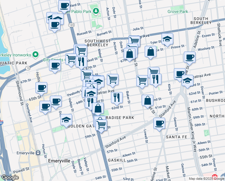 map of restaurants, bars, coffee shops, grocery stores, and more near 3244 Idaho Street in Berkeley
