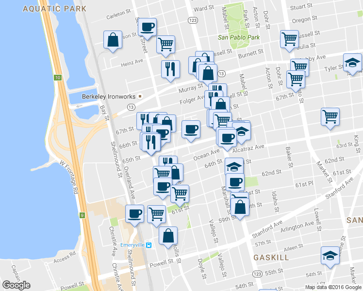 map of restaurants, bars, coffee shops, grocery stores, and more near 1200 65th Street in Emeryville
