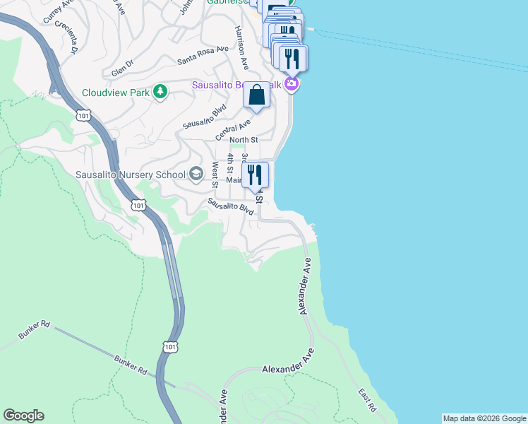 map of restaurants, bars, coffee shops, grocery stores, and more near 51 2nd Street in Sausalito