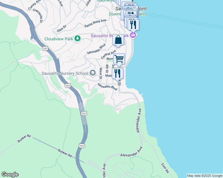 map of restaurants, bars, coffee shops, grocery stores, and more near 101 Sausalito Boulevard in Sausalito