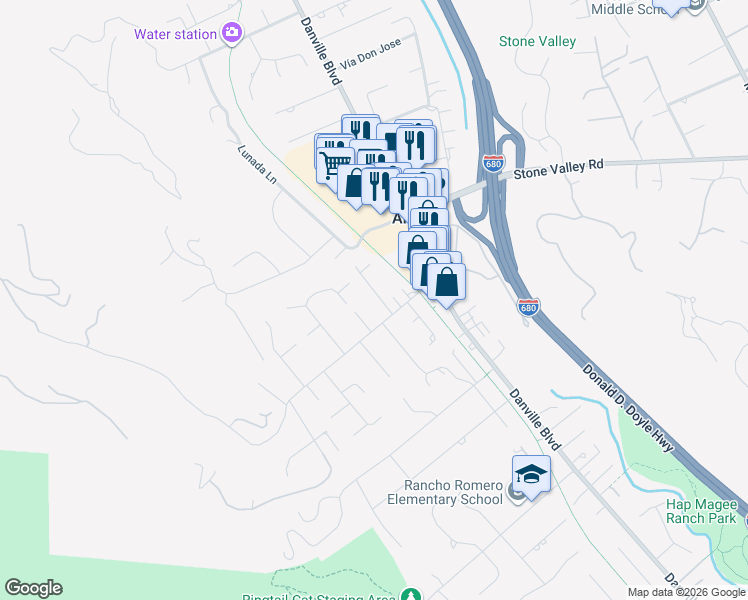 map of restaurants, bars, coffee shops, grocery stores, and more near 134 Gaywood Road in Alamo