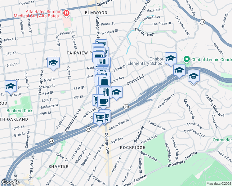 map of restaurants, bars, coffee shops, grocery stores, and more near 6137 Chabot Road in Oakland