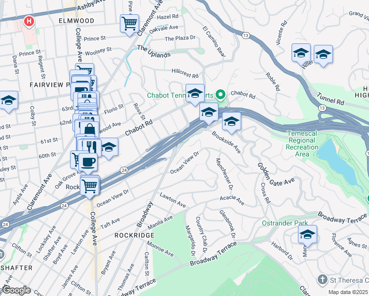 map of restaurants, bars, coffee shops, grocery stores, and more near 6189 Margarido Drive in Oakland