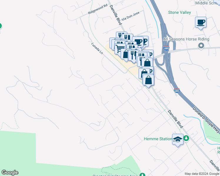 map of restaurants, bars, coffee shops, grocery stores, and more near 171 Via Bonita in Alamo