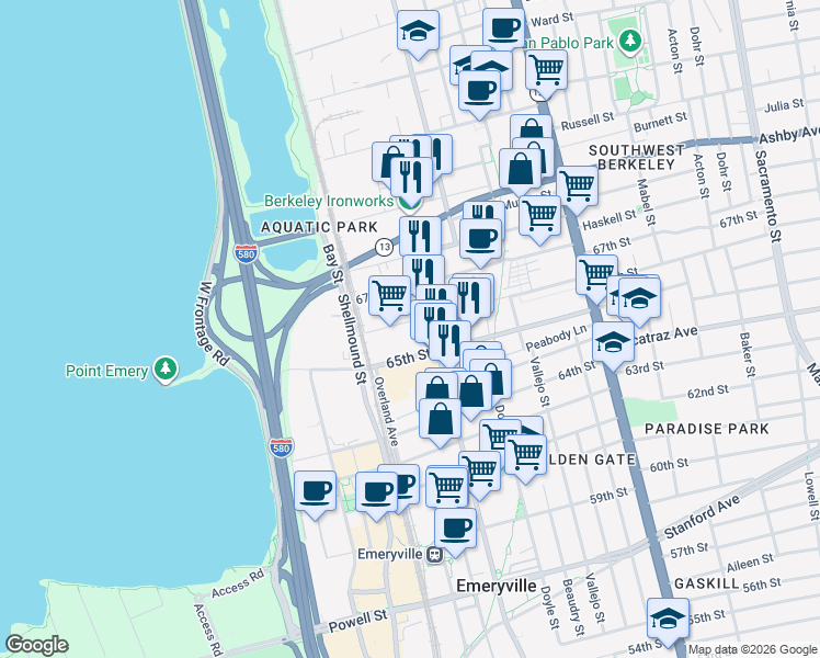 map of restaurants, bars, coffee shops, grocery stores, and more near 1451 66th Street in Emeryville