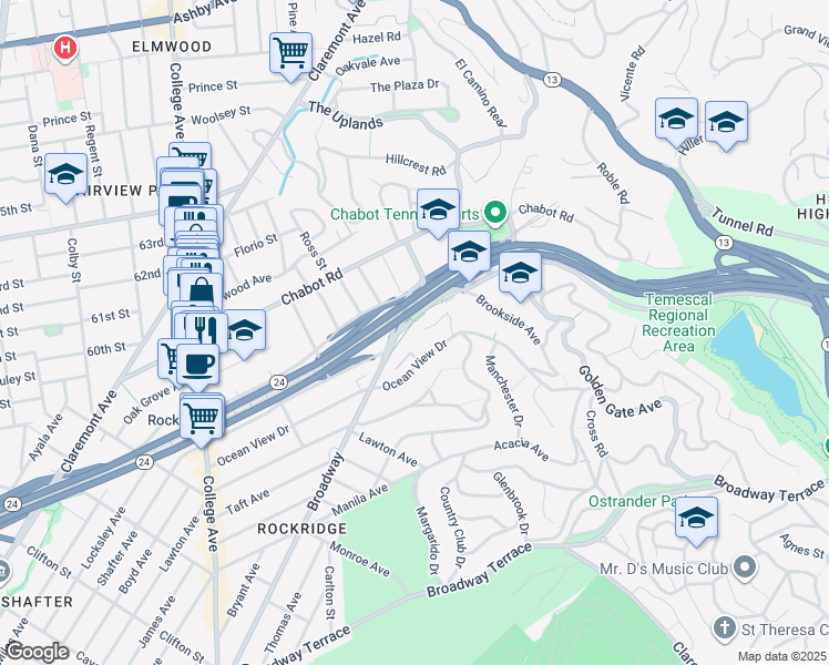 map of restaurants, bars, coffee shops, grocery stores, and more near 6189 Margarido Drive in Oakland