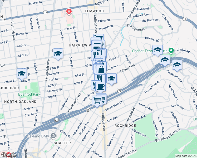 map of restaurants, bars, coffee shops, grocery stores, and more near 6046 Claremont Avenue in Oakland
