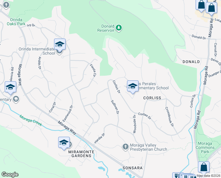 map of restaurants, bars, coffee shops, grocery stores, and more near 33 Sullivan Drive in Moraga