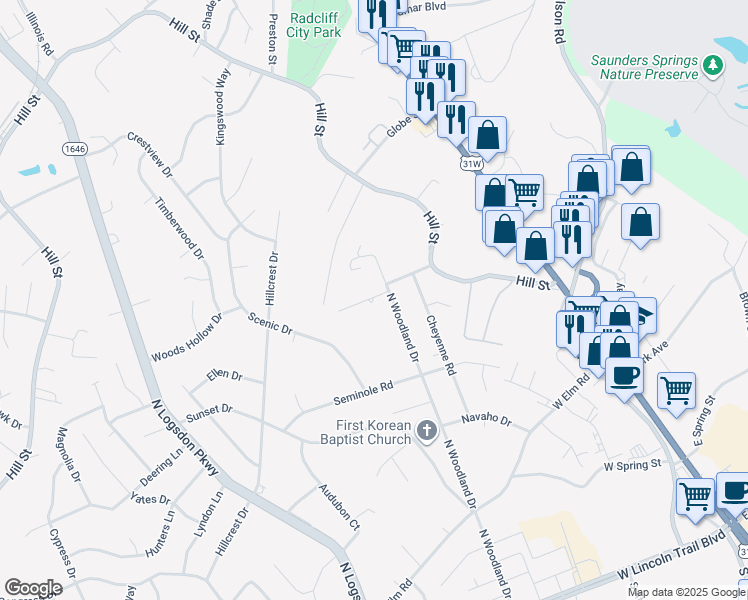 map of restaurants, bars, coffee shops, grocery stores, and more near 686 Cherokee Drive in Radcliff