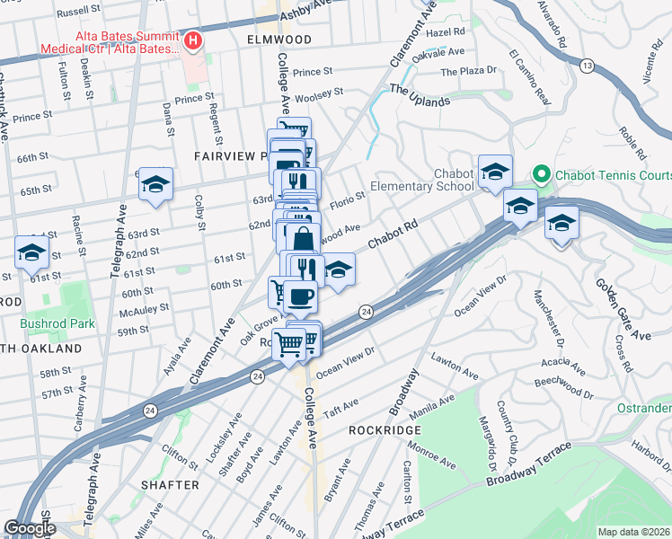 map of restaurants, bars, coffee shops, grocery stores, and more near 6137 Chabot Road in Oakland