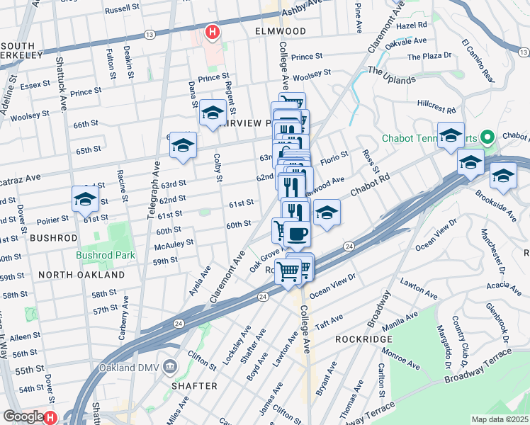 map of restaurants, bars, coffee shops, grocery stores, and more near 355 61st Street in Oakland