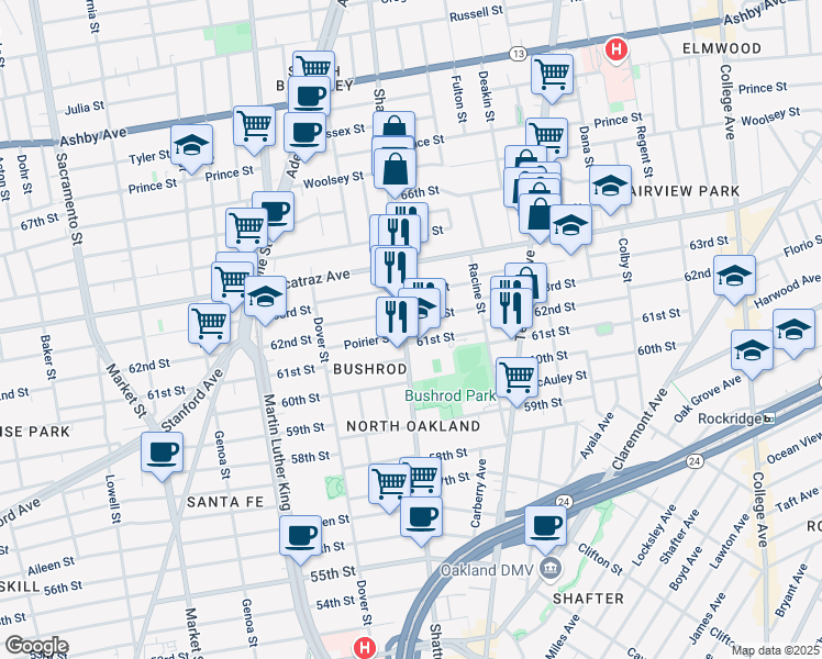 map of restaurants, bars, coffee shops, grocery stores, and more near 592 62nd Street in Oakland