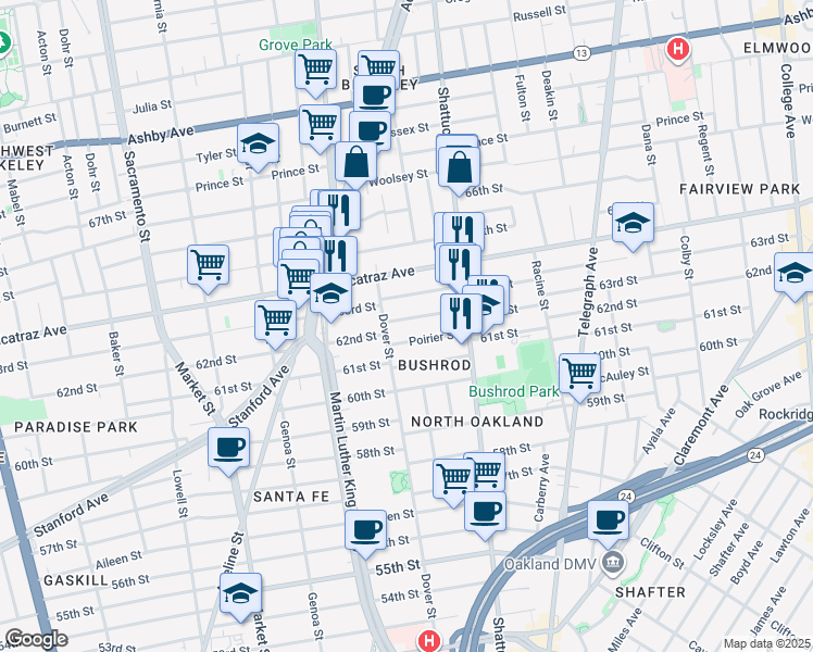 map of restaurants, bars, coffee shops, grocery stores, and more near 670 62nd Street in Oakland