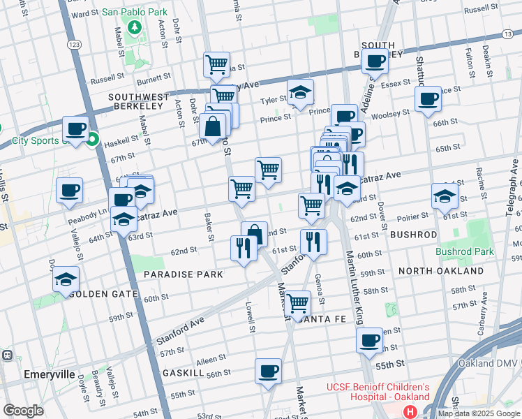 map of restaurants, bars, coffee shops, grocery stores, and more near 1600 Alcatraz Avenue in Berkeley