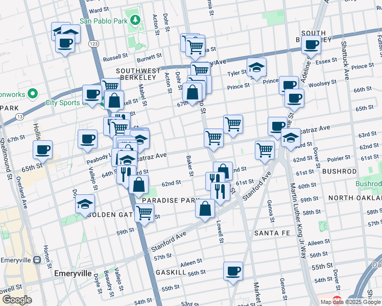 map of restaurants, bars, coffee shops, grocery stores, and more near 1335 Alcatraz Avenue in Berkeley