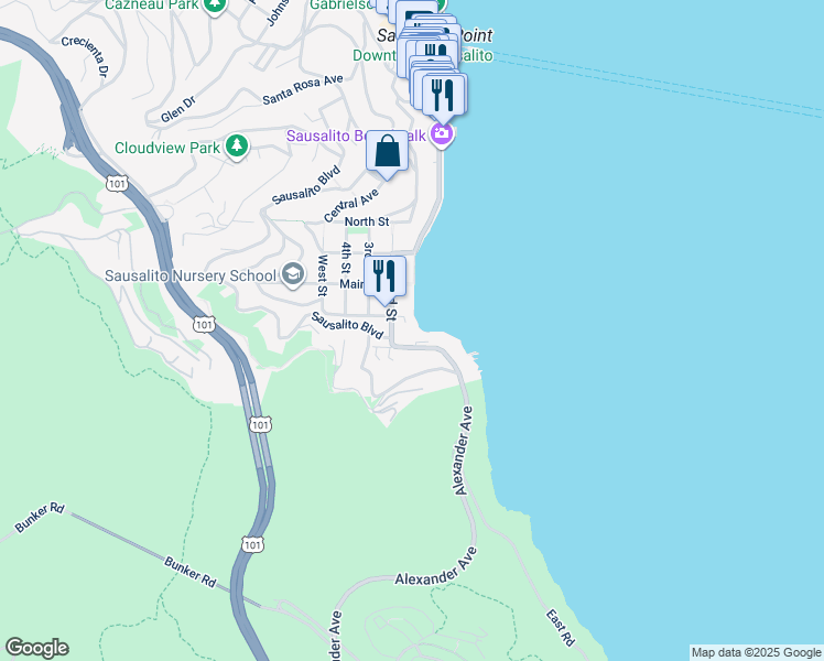 map of restaurants, bars, coffee shops, grocery stores, and more near 201 Valley Street in Sausalito