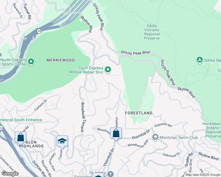 map of restaurants, bars, coffee shops, grocery stores, and more near 6790 Pinehaven Road in Oakland