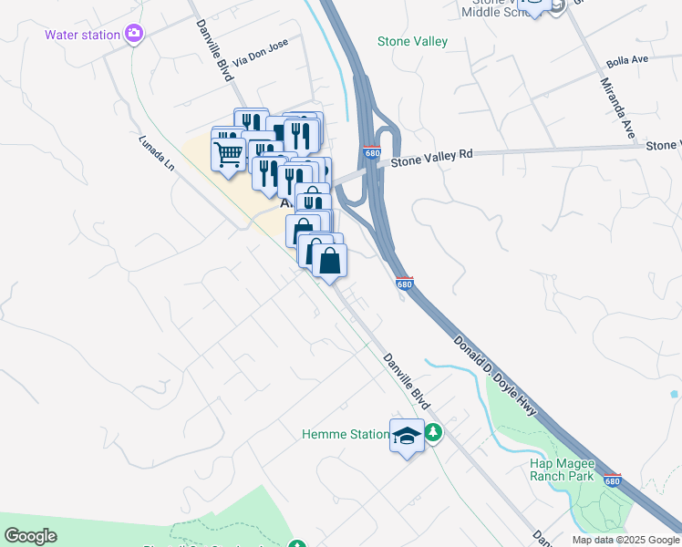 map of restaurants, bars, coffee shops, grocery stores, and more near 1470 Danville Boulevard in Alamo