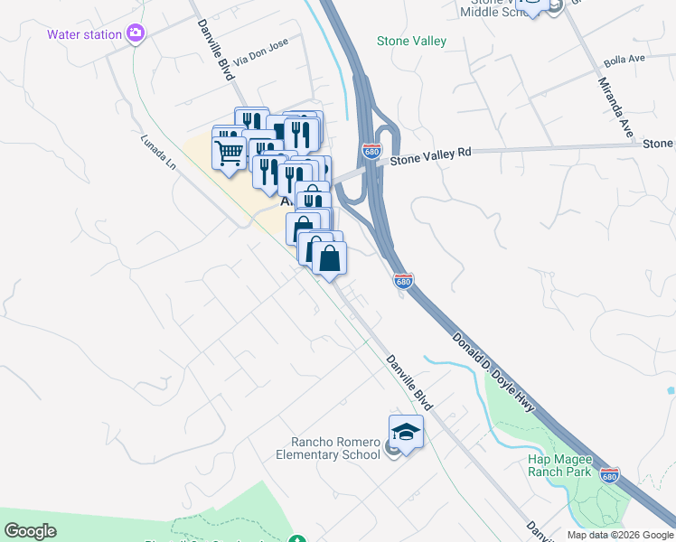 map of restaurants, bars, coffee shops, grocery stores, and more near 1470 Danville Boulevard in Alamo