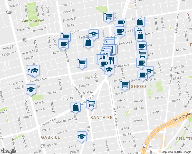 map of restaurants, bars, coffee shops, grocery stores, and more near 63rd Street in Berkeley