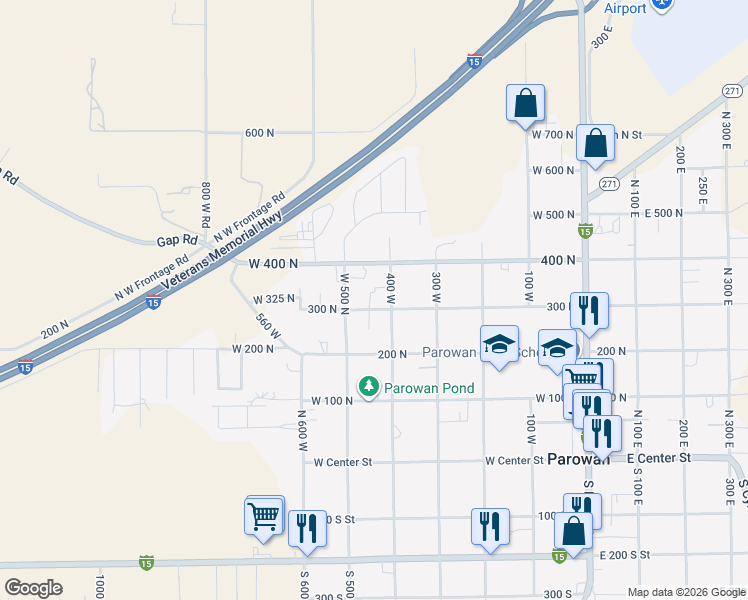 map of restaurants, bars, coffee shops, grocery stores, and more near 300-382 5th W St in Parowan