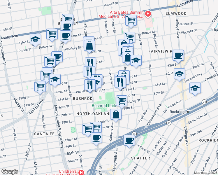 map of restaurants, bars, coffee shops, grocery stores, and more near 546 61st Street in Oakland