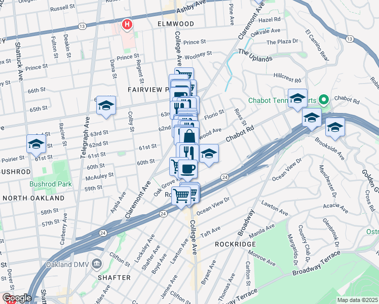 map of restaurants, bars, coffee shops, grocery stores, and more near 6015 Harwood Avenue in Oakland