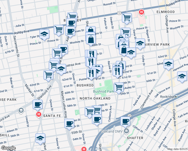 map of restaurants, bars, coffee shops, grocery stores, and more near 592 62nd Street in Oakland
